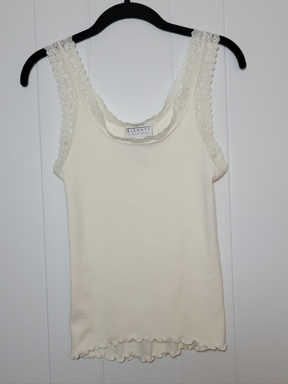 NWT Talbots Lace Trim Tank Top Ribbed Camisole Y2k 90s Ivory White 100% Cotton L